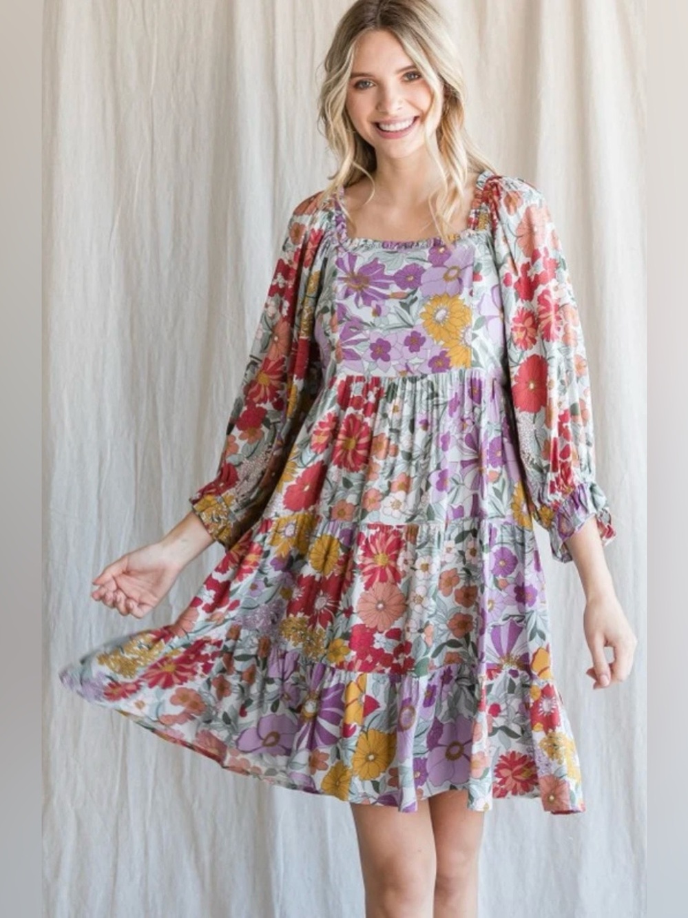 Jodifl Floral Tiered Mini Dress in Lavender, Mustard, Coral, Olive